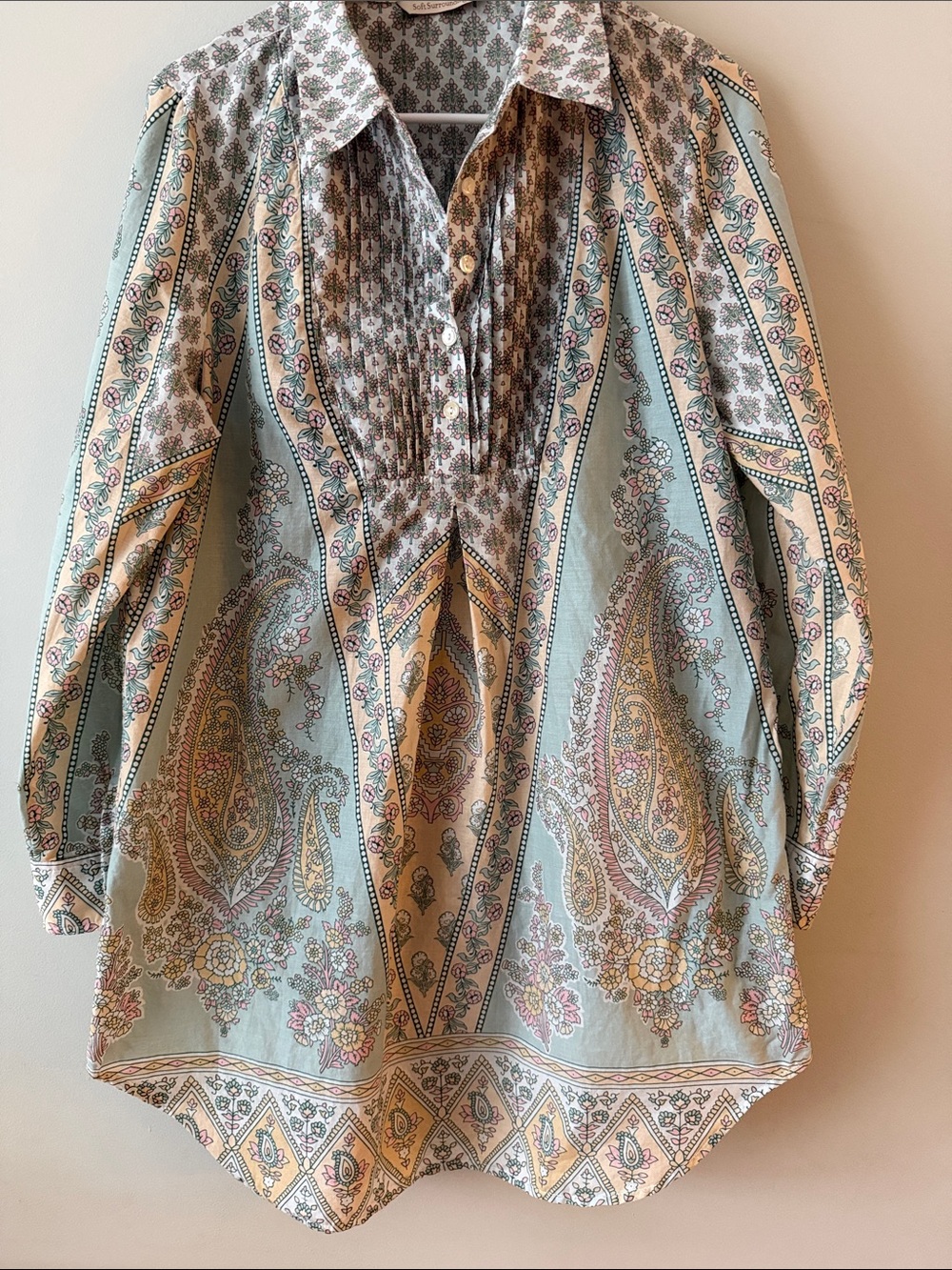 Soft Surroundings Tabitha Button-Front Popover Tunic in Mint - Floral Paisley